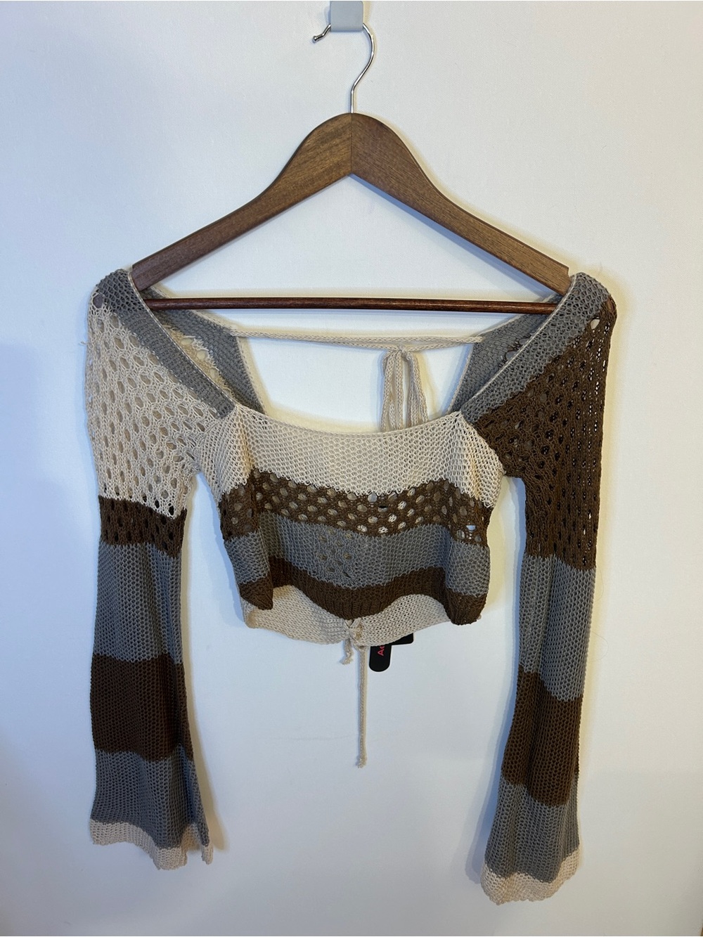 ROMWE Crochet Knit Crop Top Bell Sleeve Tie Back Boho Grunge Festival Sweater